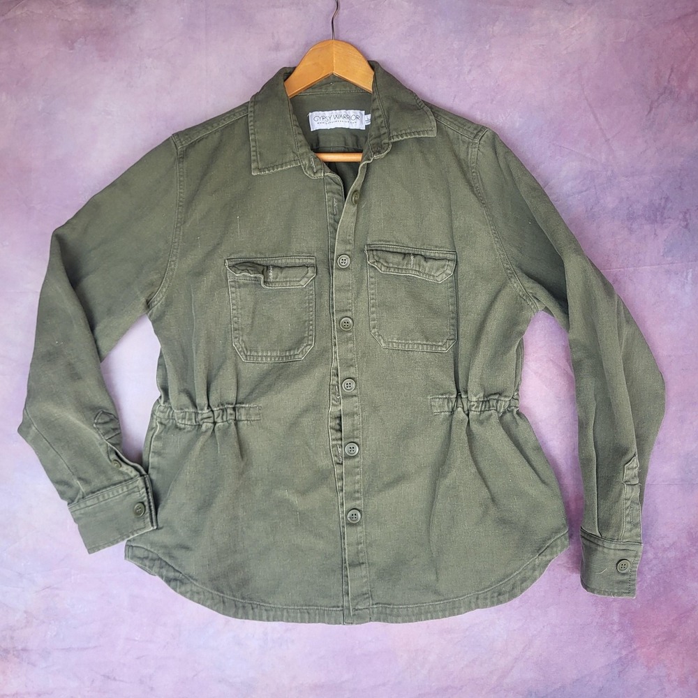 Gypsy Warrior Military Jacket Womens Size L Green Cotton Utility Shirt Casual